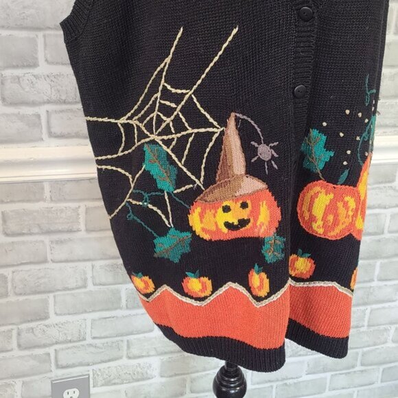Vintage 90s Lauren Hansen Embroidered Halloween Vest Pumpkins Bats Ghost 3X - Picture 5 of 11
